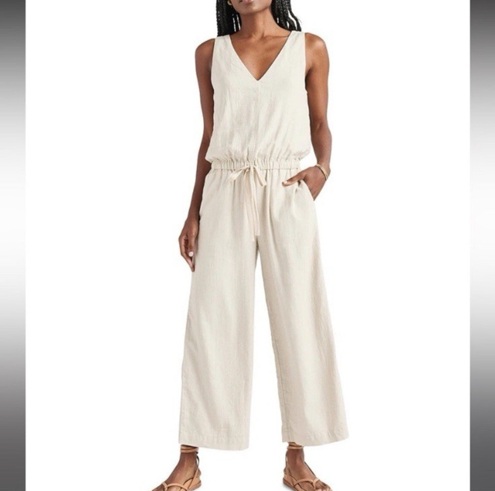 Evereve Splendid Kali Wide Leg Jumpsuit Beige Linen Minimalist Size Large New